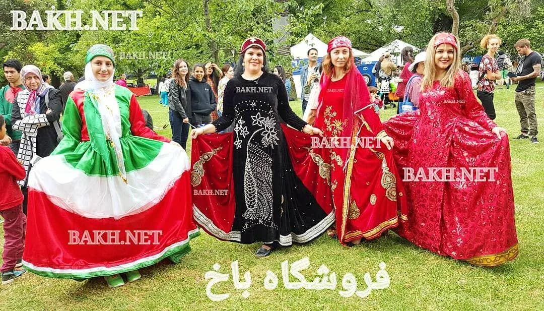 لباس محلی زنانه، رنگ قرمز، سبز، سفید و مشکی، طرح گلدوزی، بلند، دامن پف‌دار