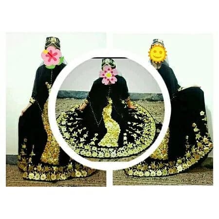 لباس محلی زنانه، رنگ مشکی و طلایی، جنس مخمل، طرح گلدار، پیراهن بلند سنتی