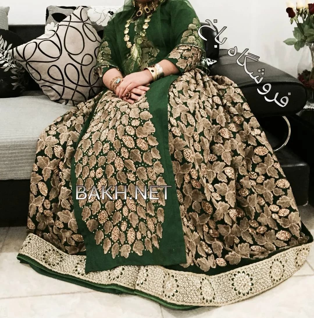 ست لباس محلی لری زنانه مدل ۱۳۷، رنگ سبز و طلایی، جنس مخمل، طرح گلدوزی، پیراهن بلند با دامن