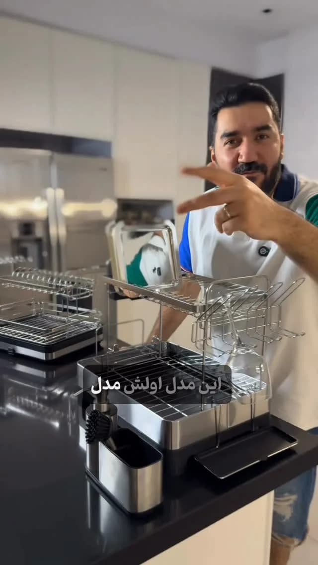 جا ظرفی دوطبقه تمام استیل، رنگ نقره‌ای و مشکی، با سینی
