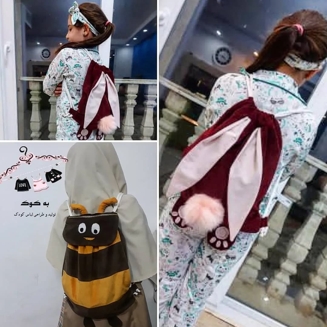 کوله‌پشتی مخمل کودک، رنگ زرشکی، قهوه‌ای و زرد، طرح شخصیت کارتونی، مدل حیوانی