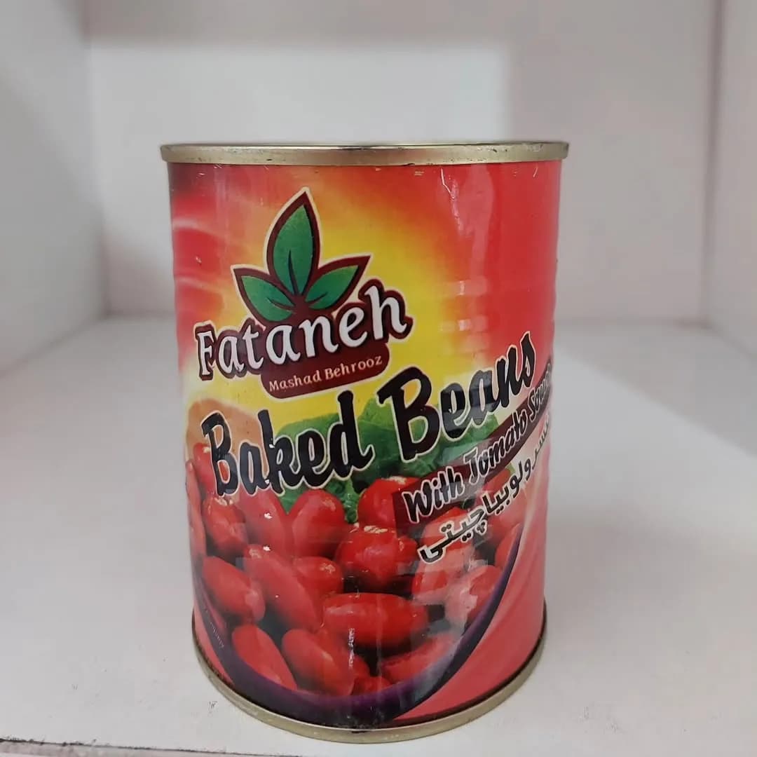 کنسرو لوبیا چیتی فتانه، رنگ قرمز، سبز و زرد، جنس فلز، استوانهای قوطی