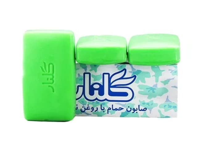 صابون گلنار، رنگ سبز، سفید و آبی، جنس پلاستیکی، قالبی مستطیلی