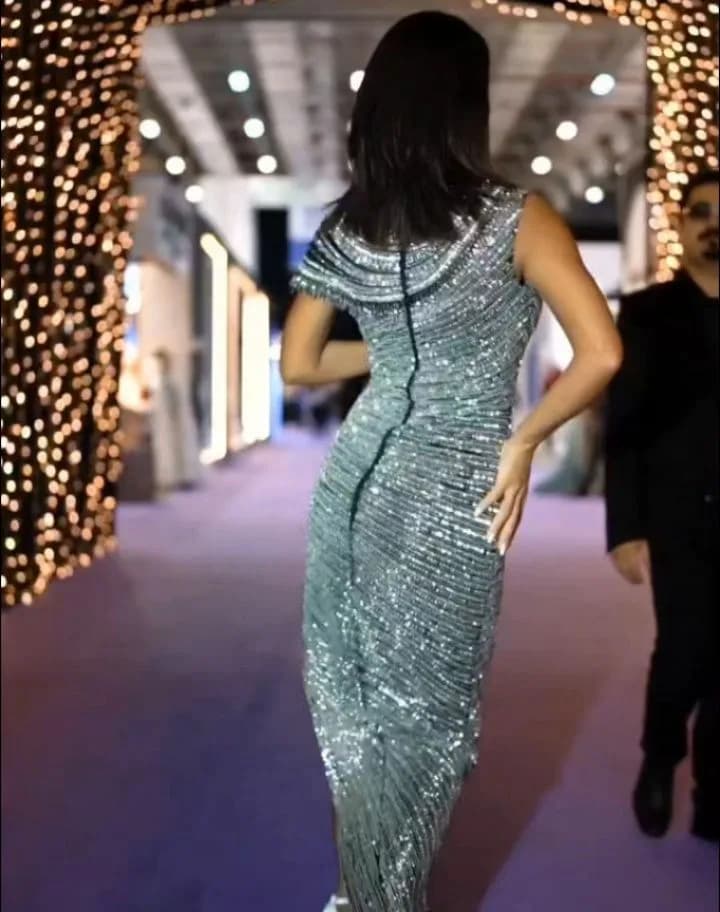 لباس شب سنگ‌دوزی و کریستال‌دوزی، رنگ نقره‌ای، طرح گلدوزی، بلند، یقه بلند، جذب