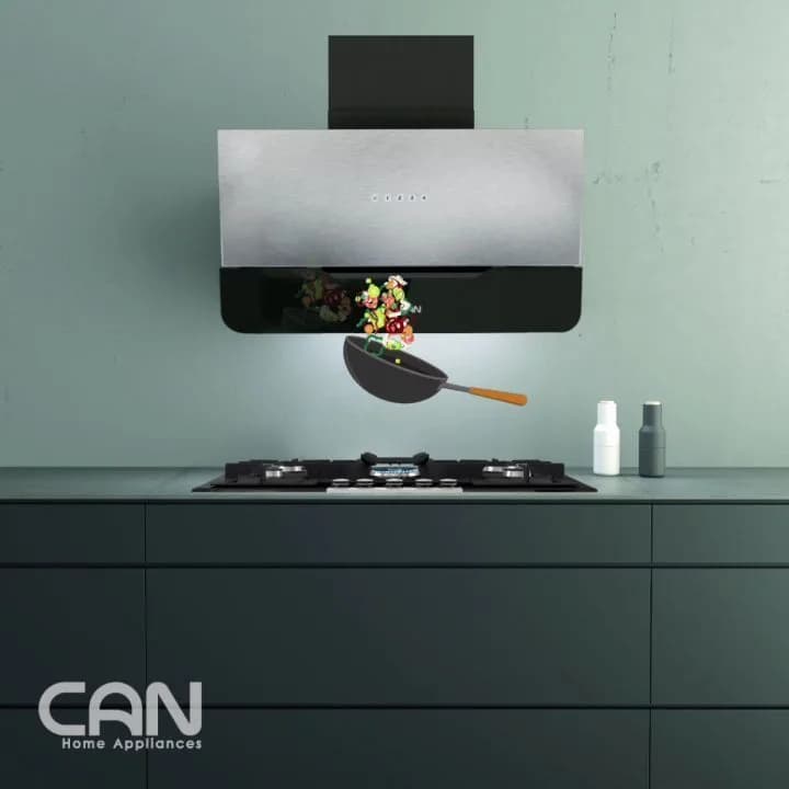 هود آشپزخانه، رنگ نقره ای و مشکی، جنس استیل و شیشه، دیواری مدرن