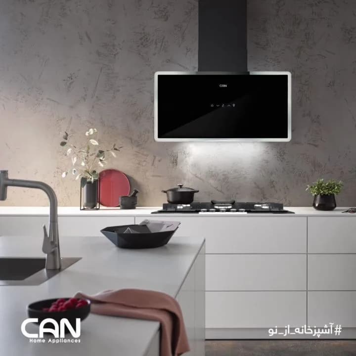 هود آشپزخانه، رنگ مشکی و نقره‌ای، جنس فلز و شیشه، دیواری، مستطیلی