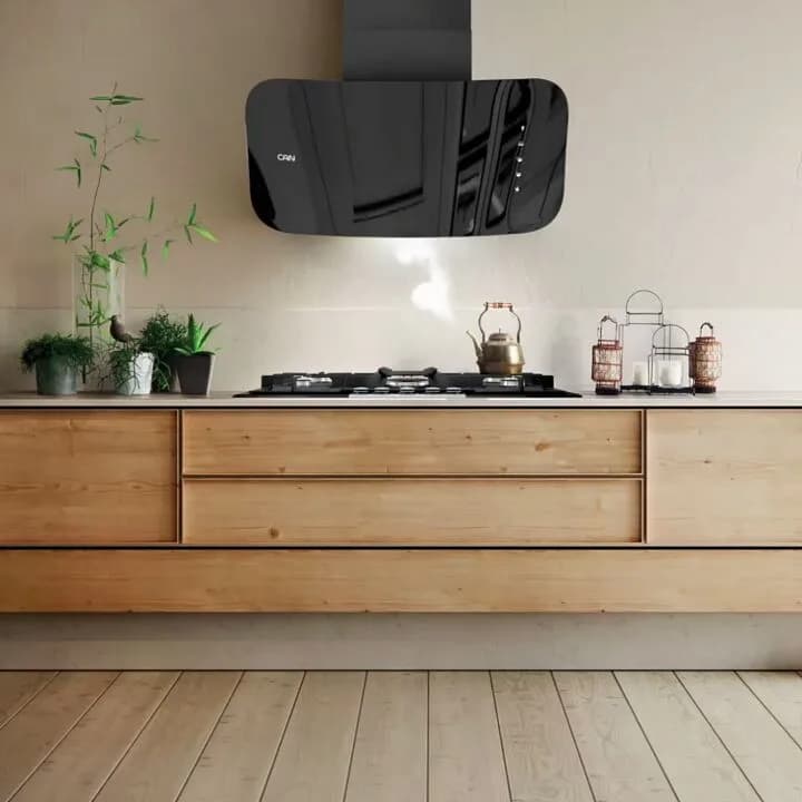 هود آشپزخانه کن، رنگ مشکی، جنس شیشه، دیواری شیشه‌ای منحنی