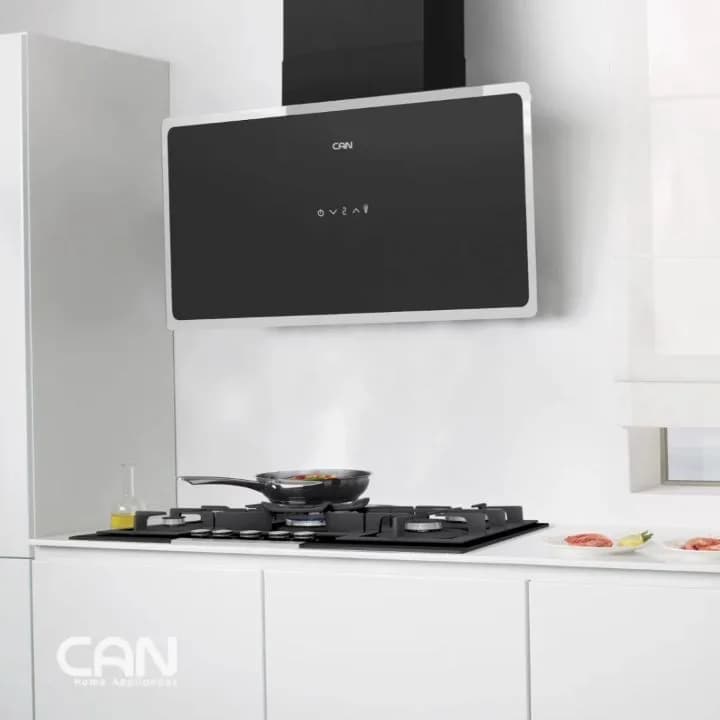 هود آشپزخانه، رنگ مشکی و استیل، جنس شیشه و فلز، هود مورب شیشه‌ای