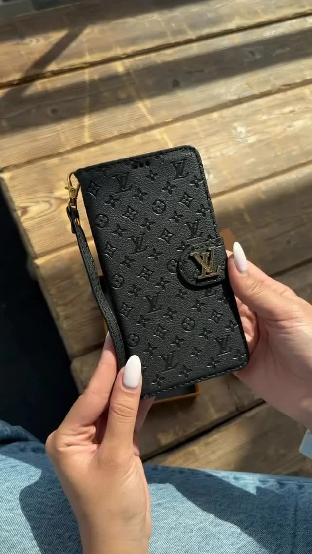 کیف چرمی گوشی جاکارتیدار با جعبه، رنگ مشکی، قاب گوشی مدل کیف پول بنددار