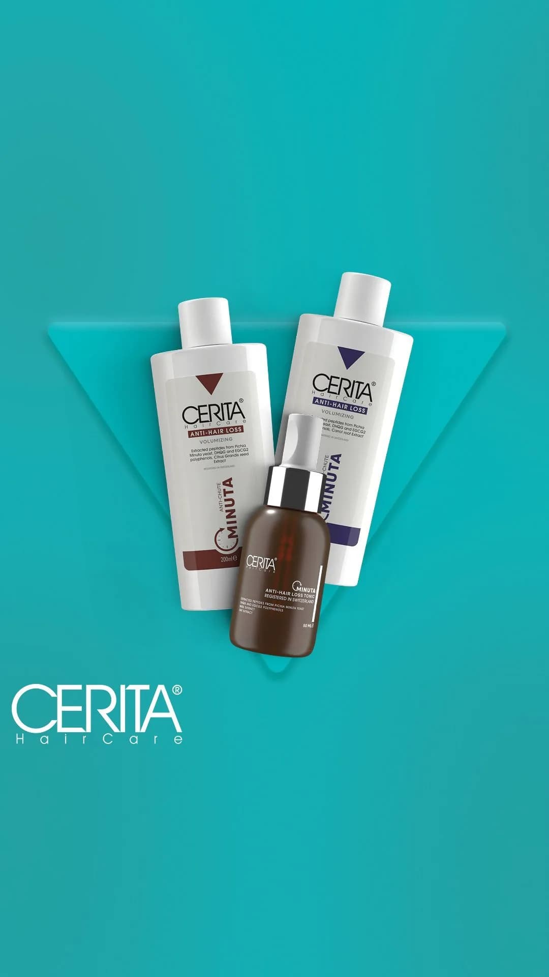 شامپو و تونیک ضد ریزش مینوتا CERITA، رنگ سفید و قهوهای، جنس پلاستیک و شیشه، بطری استوانهای