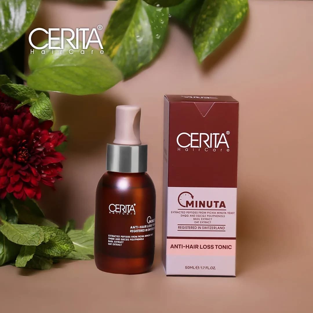 تونیک ضد ریزش مینوتا CERITA، رنگ قهوهای، سفید و نقرهای، جنس شیشه و پلاستیک، بطری قطرهچکان