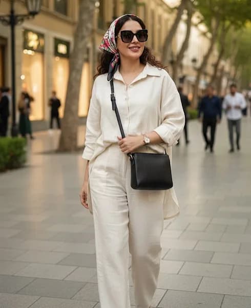 کیف دوشی زنانه چرمانی، رنگ سفید و کرم، جنس کتان، پیراهن و شلوار گشاد
