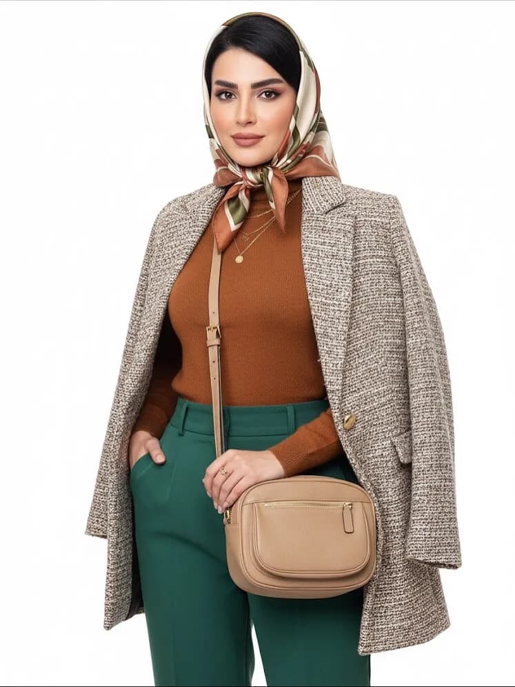 کیف زنانه چرم طبیعی ۱۲۰۲، رنگ کرم، دوشی، گرد