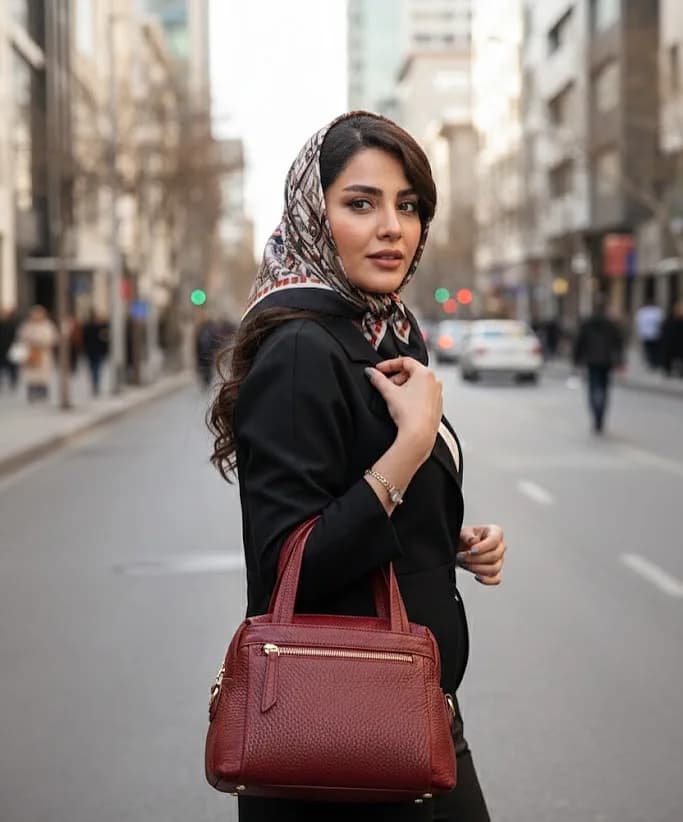 کیف زنانه چرم طبیعی مدل ۴۴ Charmani، رنگ زرشکی، دستی، مستطیلی