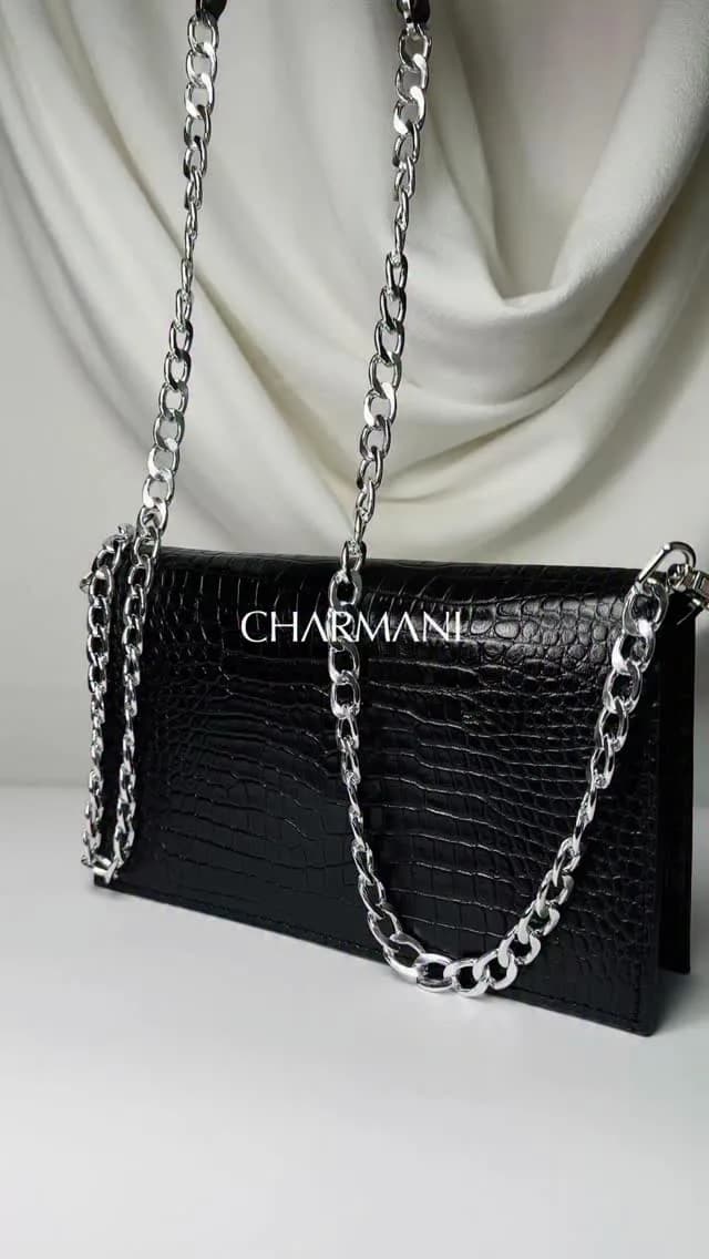 کیف مجلسی زنانه چرم طبیعی آلا Charmani، رنگ مشکی، طرح پلنگی، دوشی، زنجیری