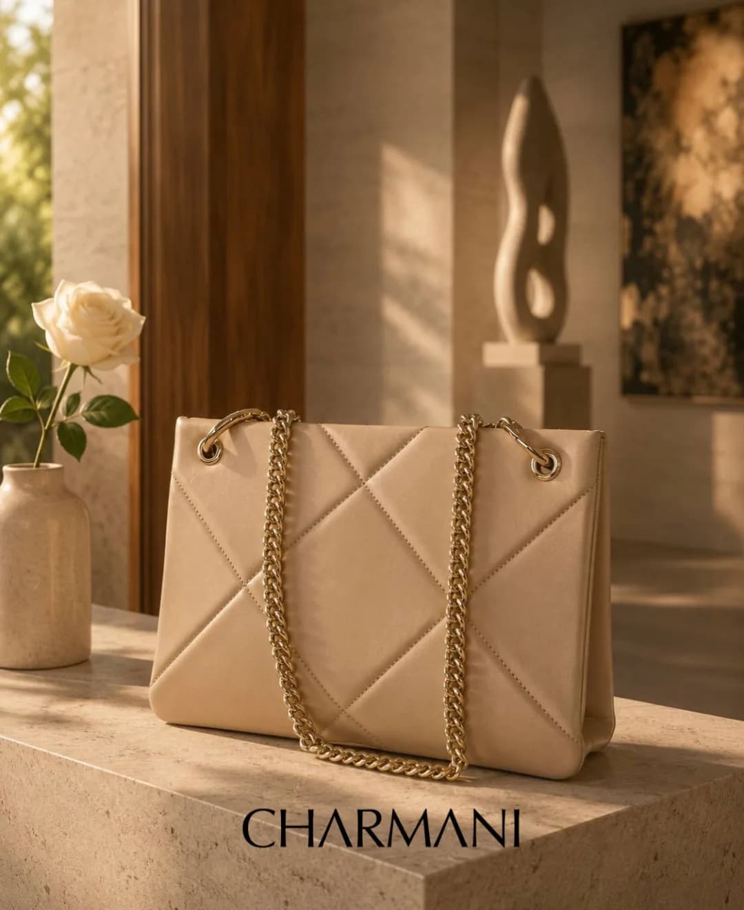 کیف زنانه ۱۲۴۰ Charmani، رنگ کرم، جنس چرم، طرح هندسی، دوشی، زنجیری