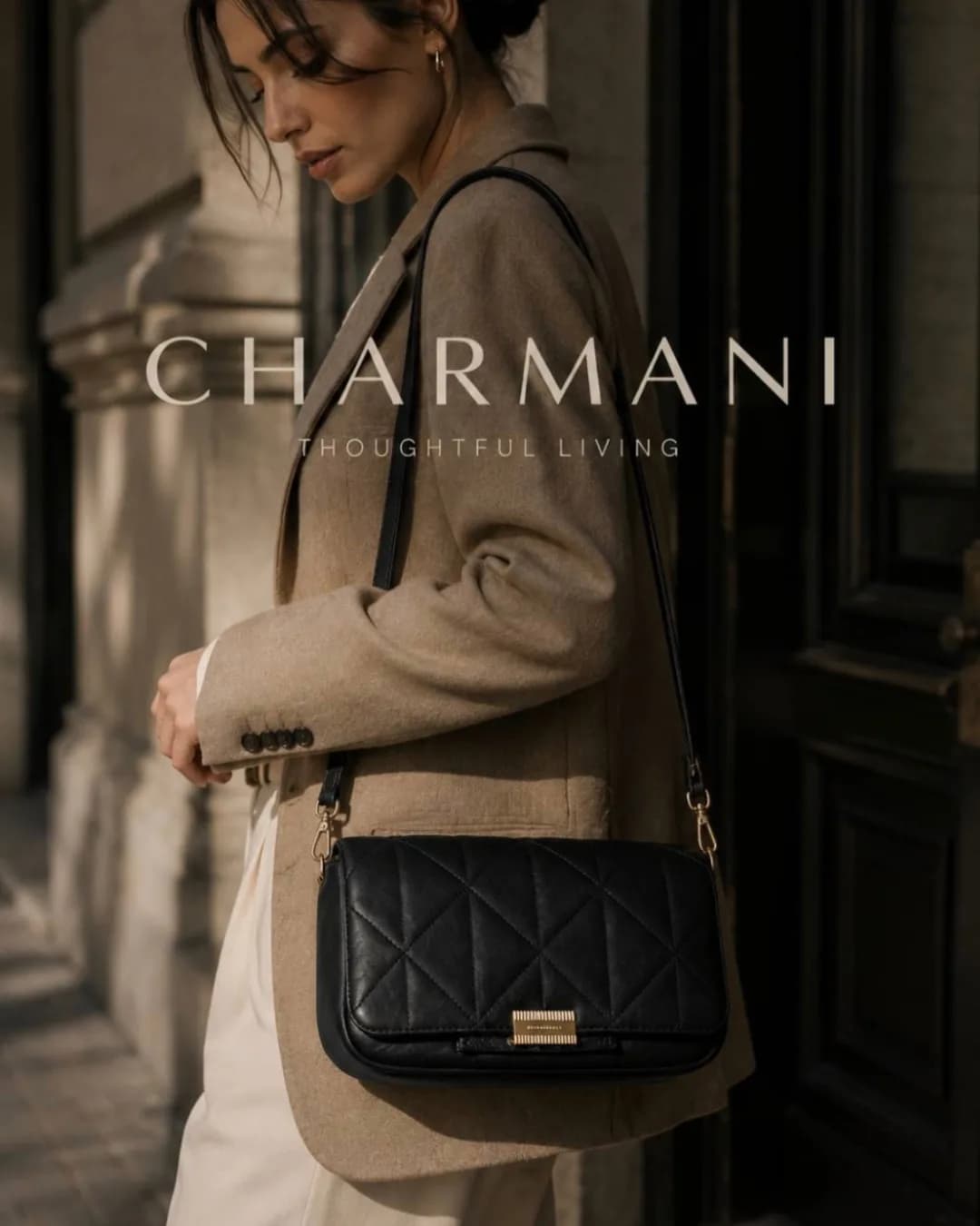 کیف زنانه چرمی x3-135 Charmani، رنگ مشکی، طرح هندسی، دوشی، مستطیلی