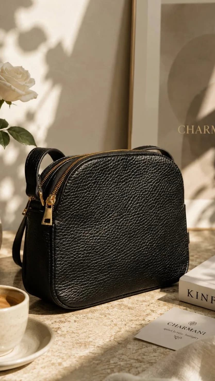 کیف کراسبادی چرم طبیعی «جانا» چرمانی، رنگ مشکی، دوشی، گرد، زیپدار
