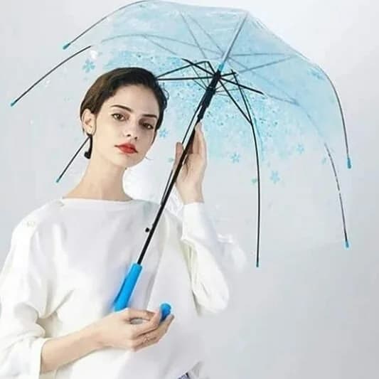 چتر زنانه طرح شکوفه، رنگ آبی و سفید، جنس پلاستیک، طرح گلدار، چتر شفاف دستهدار