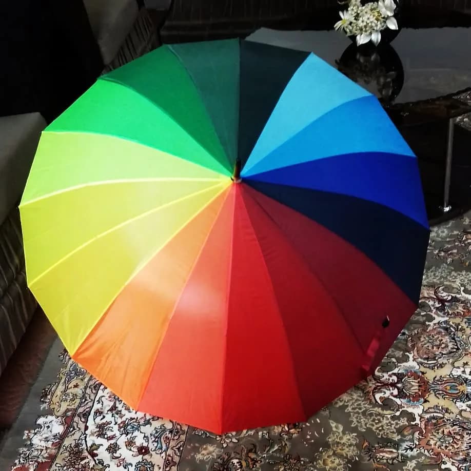 چتر رنگین کمان ۱۶ فنر برزنت تاپ، رنگ چندرنگ، جنس پارچه، چتر دستی با دستهی خمیده