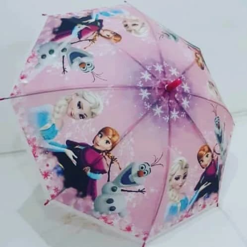 چتر دخترانه عروسکی هشت فنر، رنگ صورتی، جنس پارچه، طرح شخصیت کارتونی، تاشو دستی