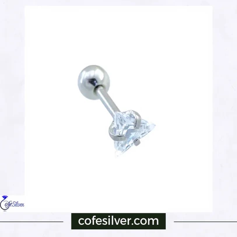 پیرسینگ گوش مدل تک نگین ژوپینگ، رنگ نقرهای و سفید، جنس استیل و نگین، پیرسینگ میلهای نگین مثلثی
