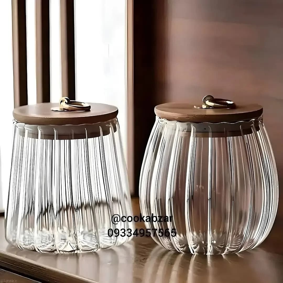 بانکه شیشهای درب بامبو، رنگ شفاف و قهوهای، جنس چوب، طرح راه راه، بانکه استوانهای دردار