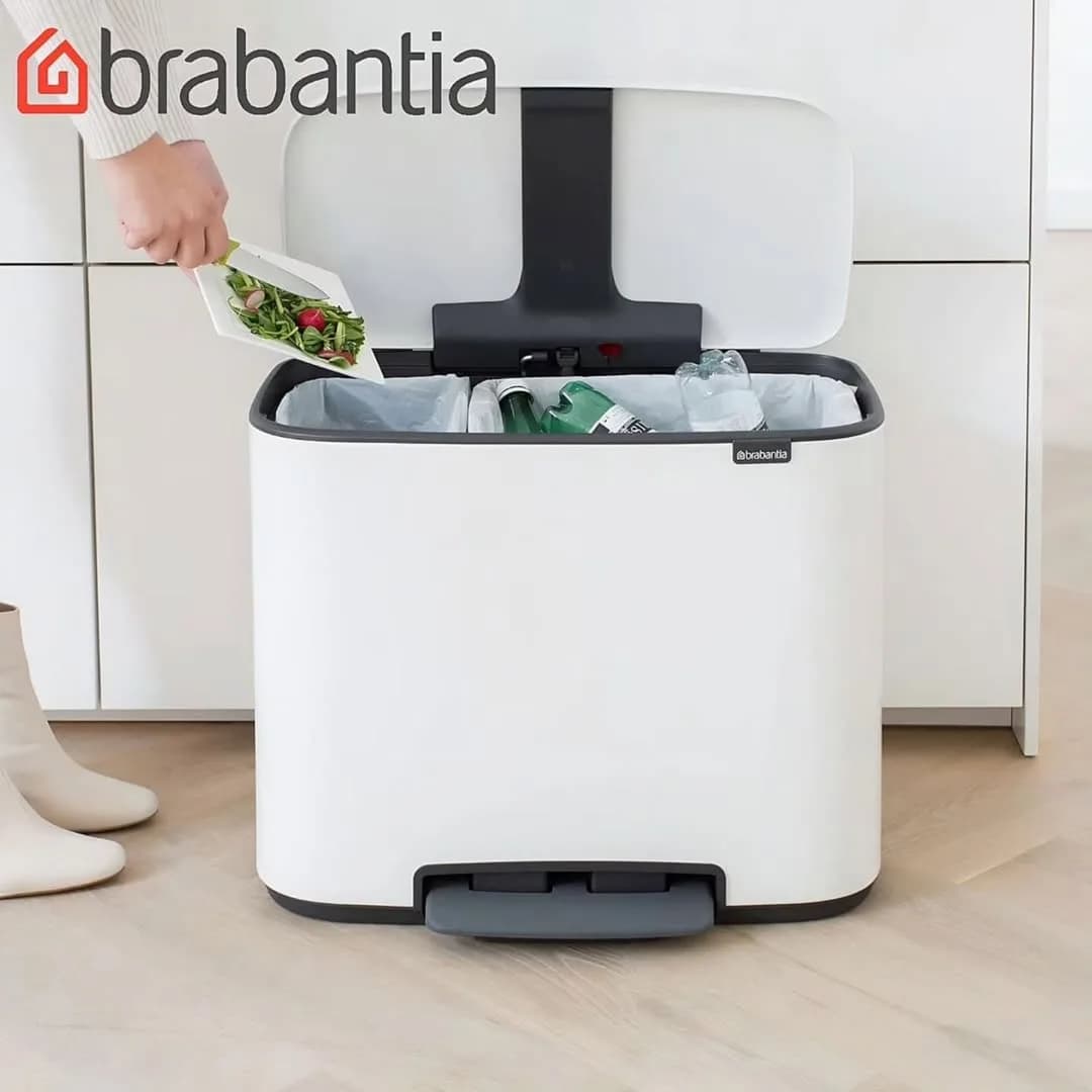 سطل زباله برابانتیا Touch 11x23L، رنگ سفید و خاکستری، جنس پلاستیک، پدالی، دو قسمتی