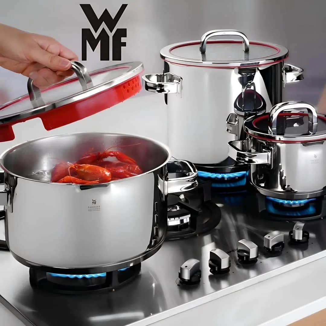 سرویس قابلمه WMF، رنگ نقرهای و قرمز، جنس استیل، استیل، درب شیشهای