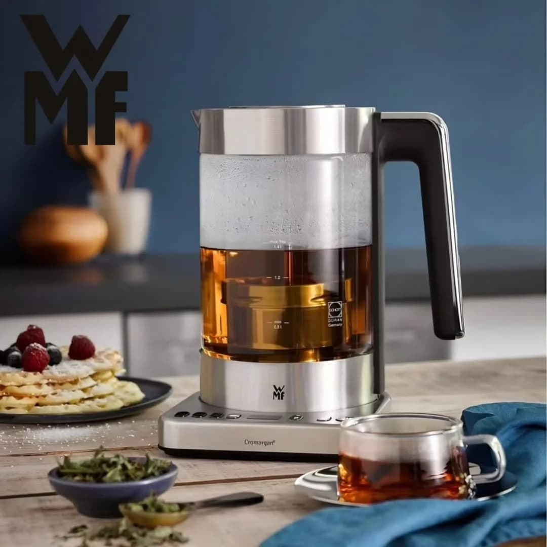 کتری برقی و چایساز لونو ۲ در ۱ WMF، رنگ نقرهای و مشکی، جنس شیشه و استیل، ایستاده، دربدار