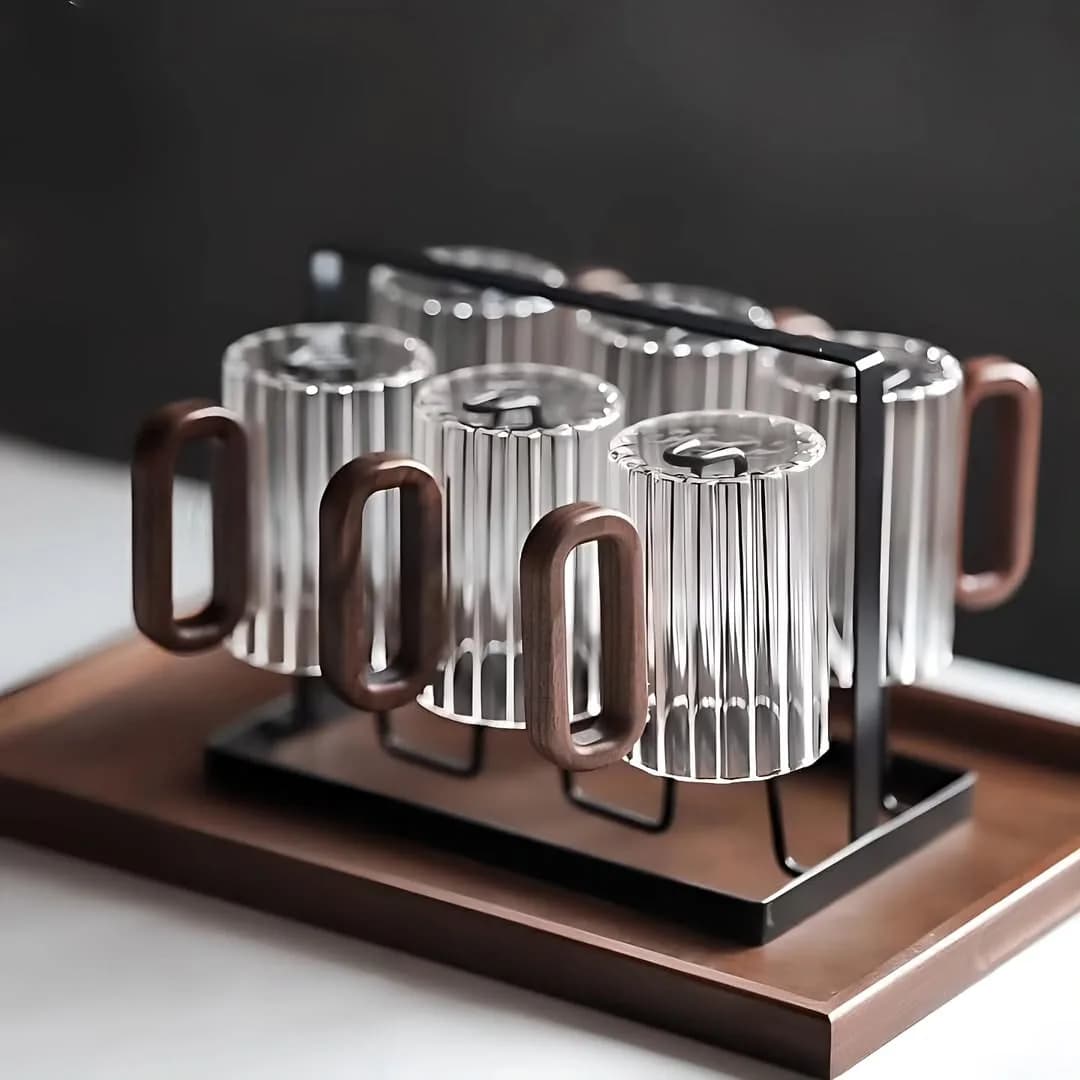 ماگ بلند شیاردار دسته چوبی
