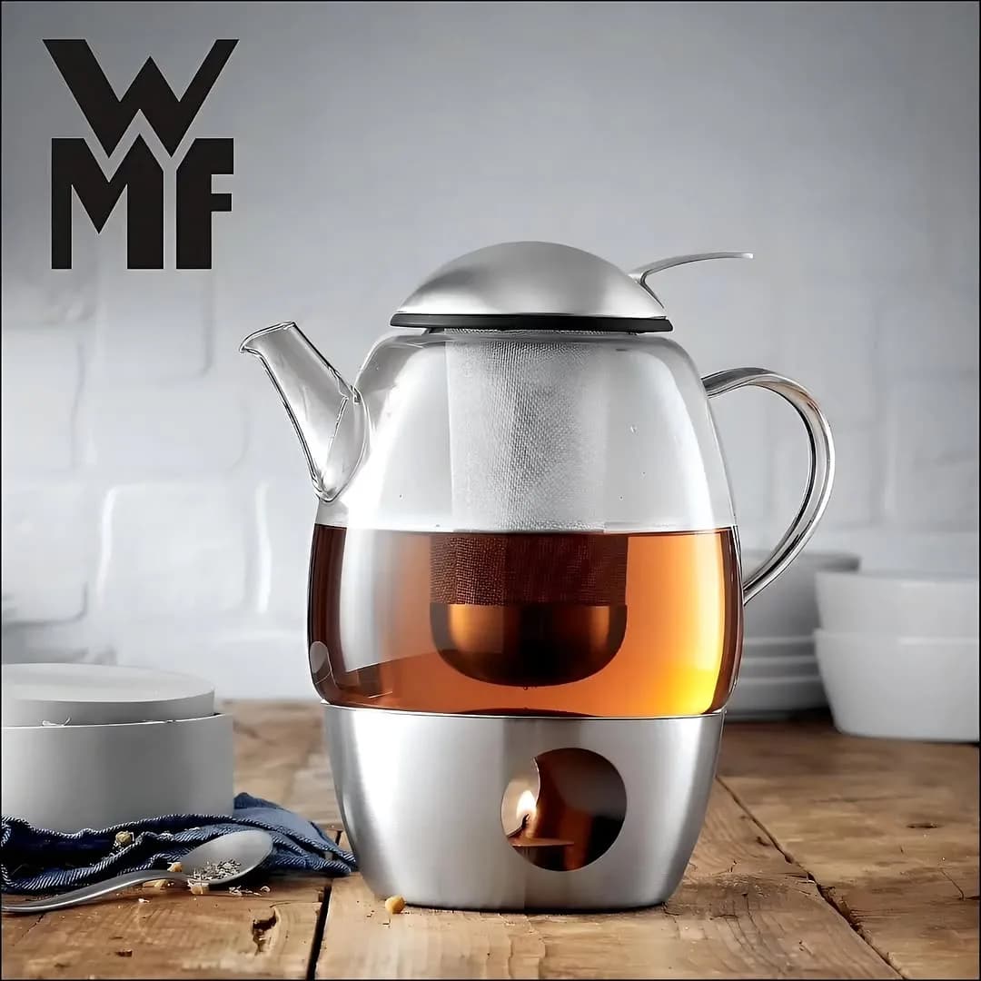 قوری وارمردار SmarTea WMF، رنگ نقرهای و شفاف، جنس شیشه و استیل، قوری با پایه گرمکن