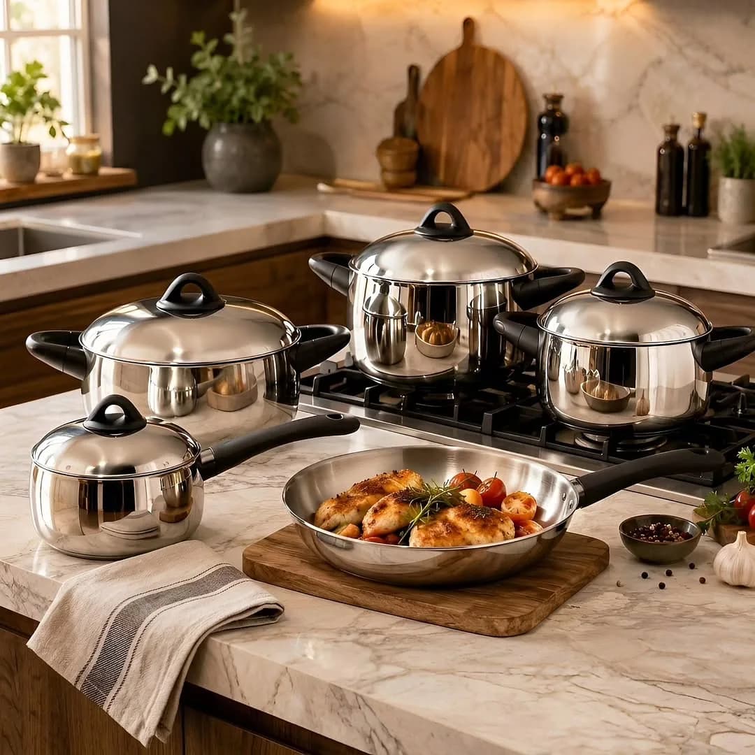 سرویس قابلمه استیل ۹ پارچه NovaCook Arow، رنگ نقرهای و مشکی، سایزهای مختلف، دربدار