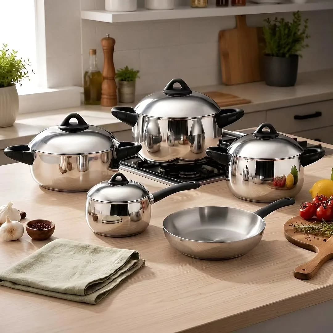 سرویس قابلمه استیل ۹ پارچه NovaCook Arow، رنگ نقره‌ای و مشکی، ست قابلمه و تابه