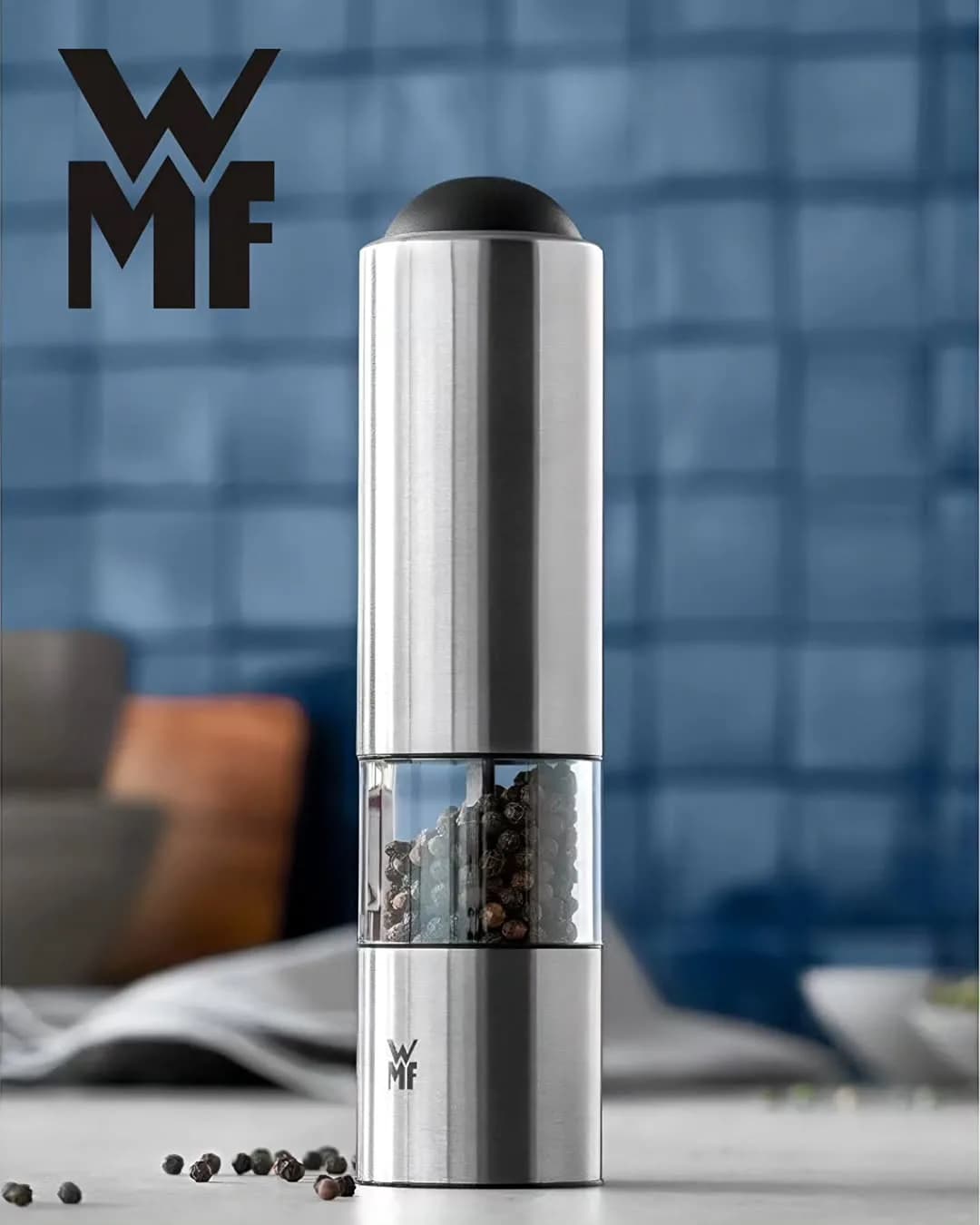 فلفل و نمک‌ساب برقی جفتی WMF، رنگ نقره‌ای و مشکی، جنس استیل و شیشه، استوانه‌ای