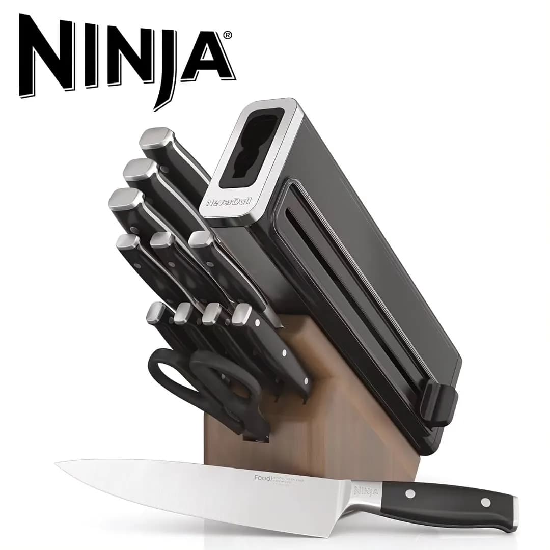سرویس چاقو ۱۳ پارچه K52013 Ninja، رنگ مشکی، استیل و قهوه‌ای، جنس فلز، چوب و پلاستیک، پایه‌دار با چاقو و قیچی