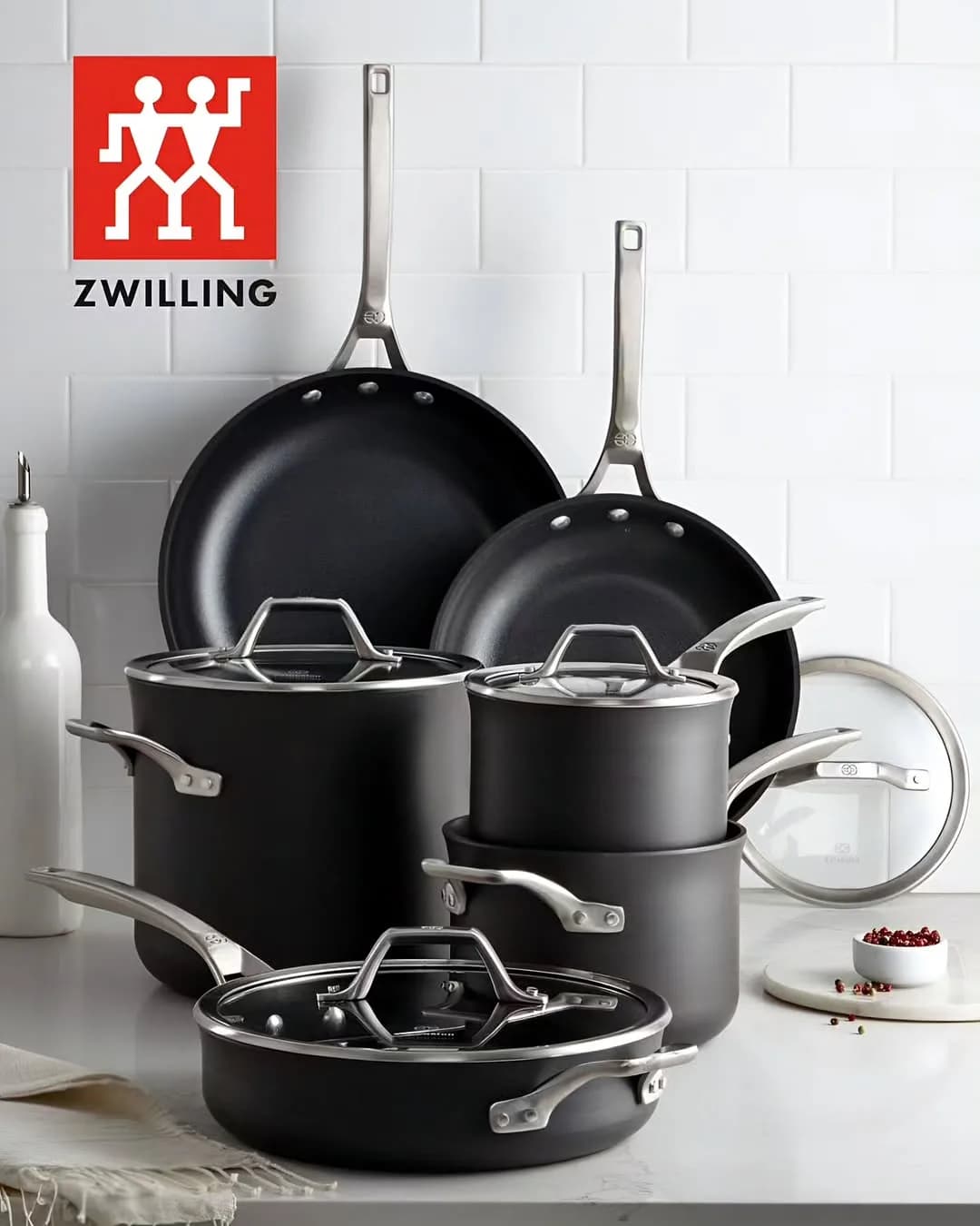 سرویس قابلمه و ست تابه نچسب Zwilling، رنگ سیاه و نقره‌ای، جنس فلز و شیشه، دسته‌دار