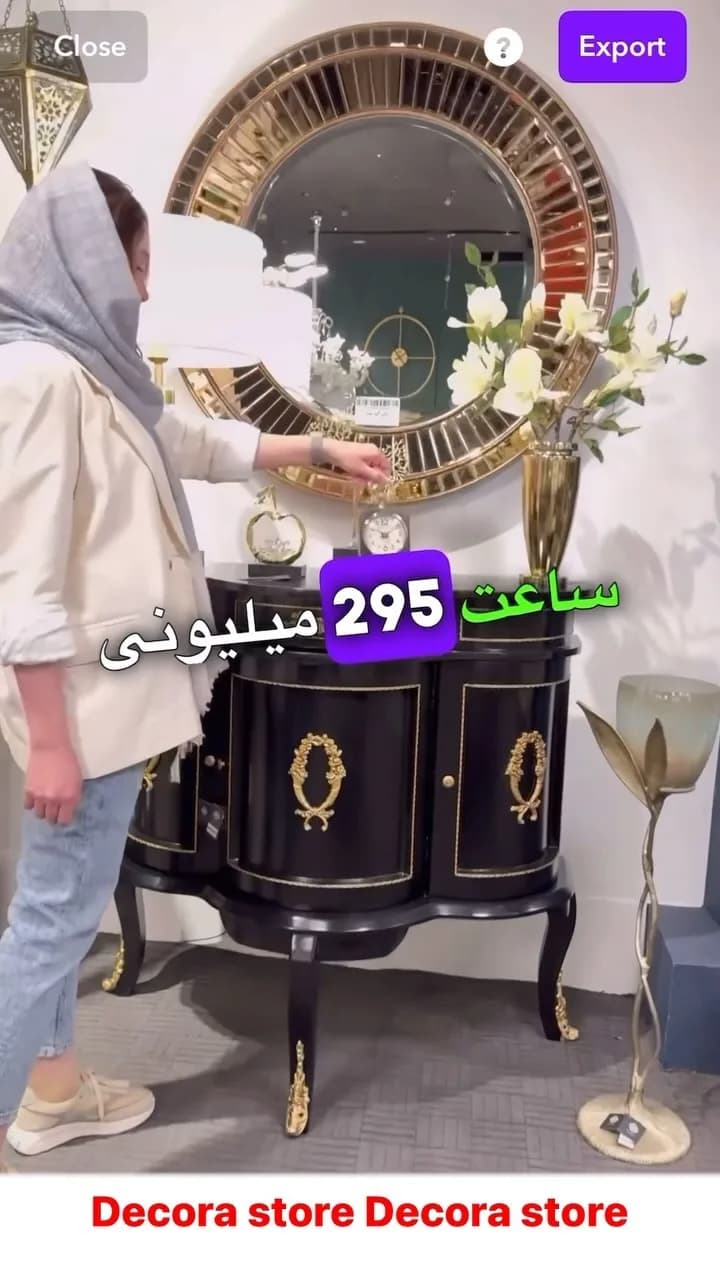 میز کنسول و آینه، رنگ مشکی و طلایی، جنس چوب، فلز و شیشه، کنسول پایه‌دار با آینه گرد