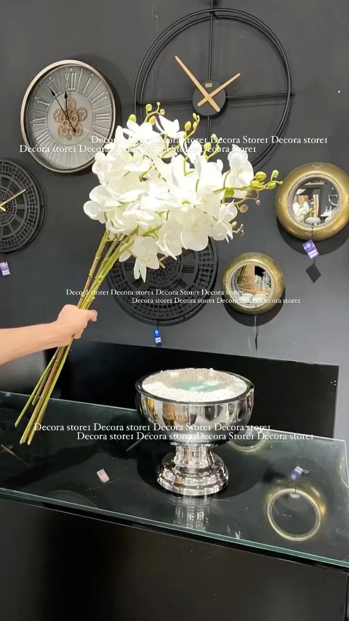 گل و گلدان ارکیده ۱۲ شاخه، رنگ سفید و سبز، جنس پلاستیک، گل شاخهای بلند