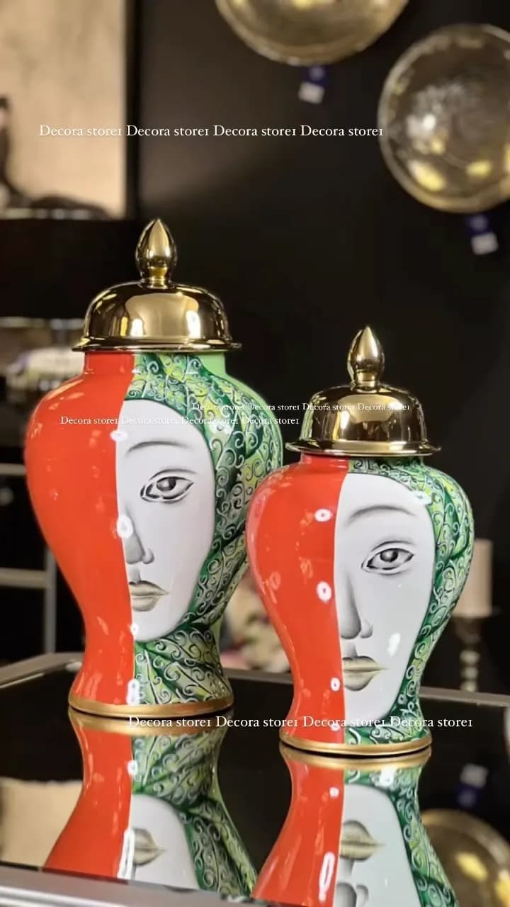 گلدان دردار، رنگ نارنجی، سبز و طلایی، جنس سرامیک، کوزهای طرح چهره