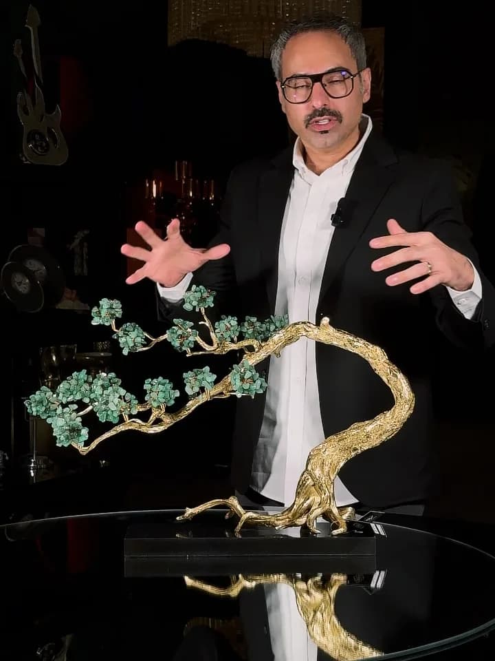 درخت دکوری سنگ آمتیست، رنگ طلایی و سبز، جنس فلز، درخت بونسای