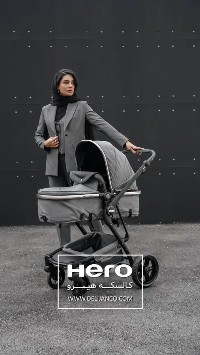 کالسکه کودک مدل هیرو پرو دلیجان، رنگ خاکستری، جنس فلز و پارچه، مدل سبددار
