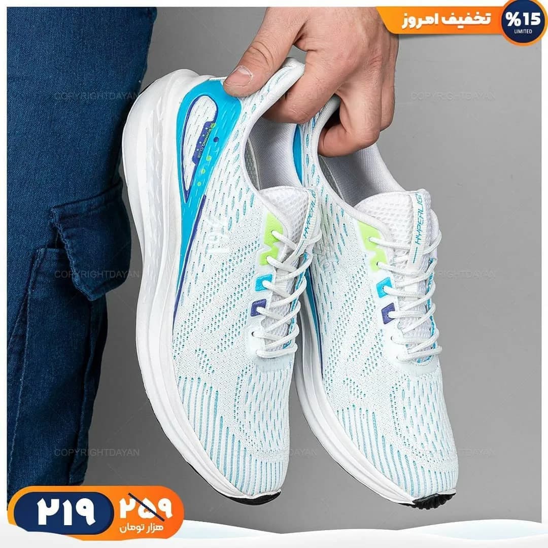 کفش ورزشی بافت، رنگ سفید، آبی و سبز فسفری، کتانی، بنددار، پاشنه تخت