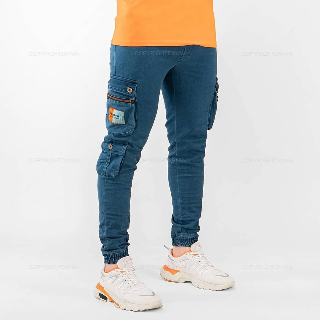 شلوار اسلش مردانه، رنگ آبی، جنس جین، جذب، دمپا کش، جیب دار
