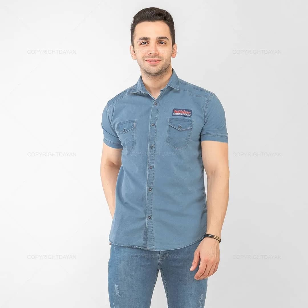 پیراهن جین آستین کوتاه، رنگ آبی، یقه دار، دکمهدار