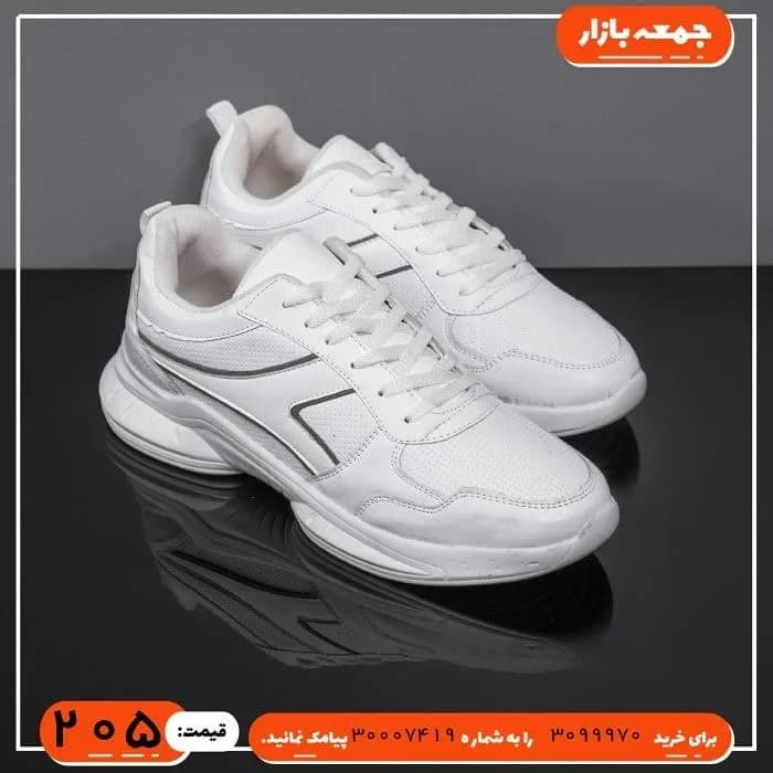 کفش ورزشی، رنگ سفید، جنس چرم مصنوعی، کتانی، بنددار، کفی تخت