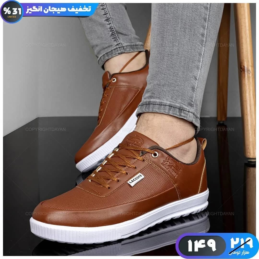 کفش چرمی، رنگ قهوهای و سفید، کتانی، بنددار، پاشنه تخت