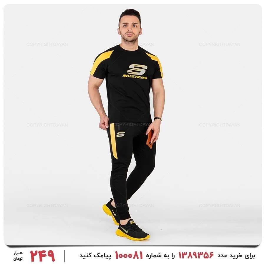 ست تیشرت و شلوار، رنگ مشکی و زرد، تیشرت آستین کوتاه، شلوار اسلش