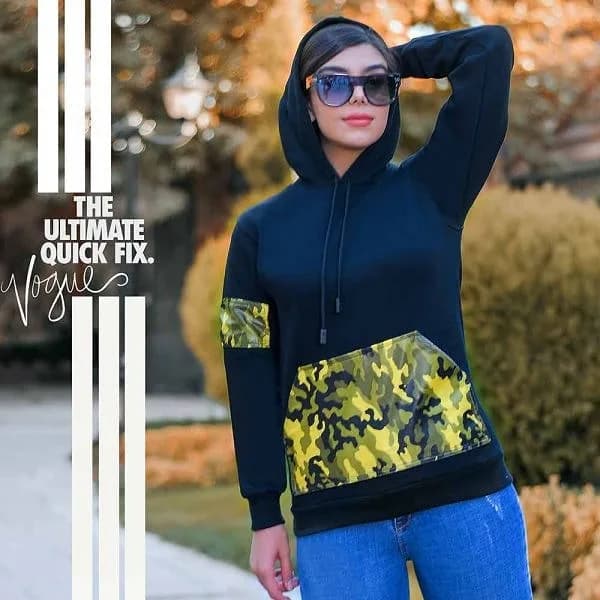 هودی زنانه، رنگ مشکی، زرد و سبز، کلاهدار، آستین بلند، گشاد