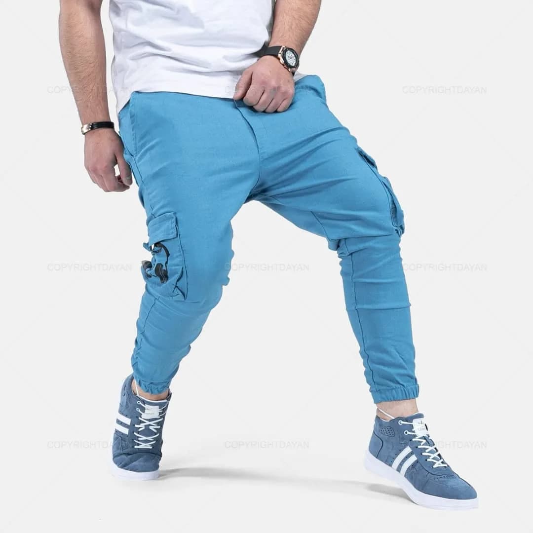 شلوار اسلش، رنگ آبی روشن، جنس کتان، دمپا کش، جیب کناری